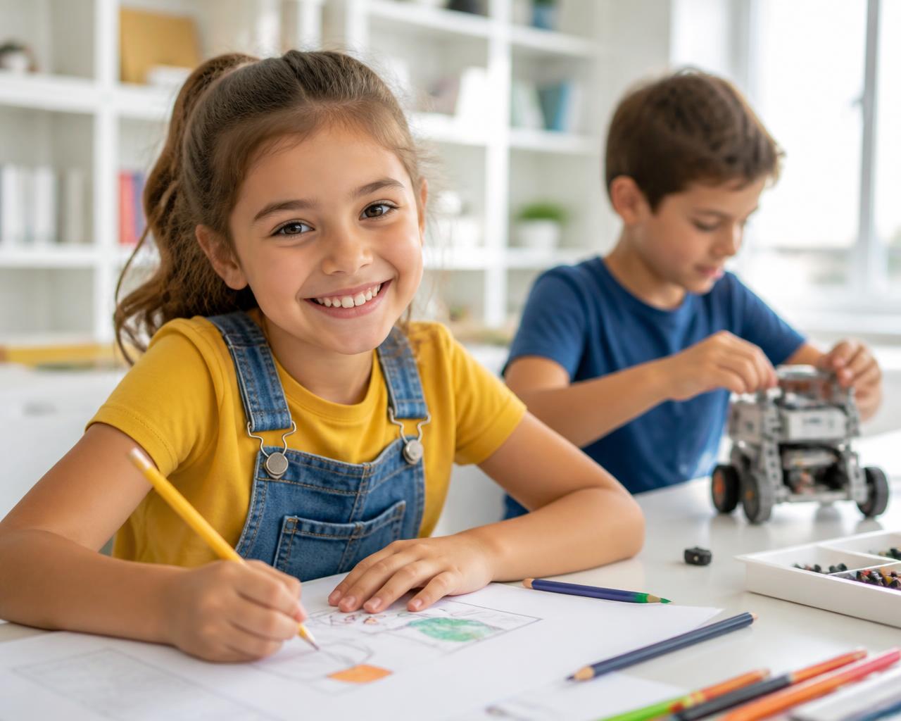 Copii care desenează și construiesc un robot la un atelier